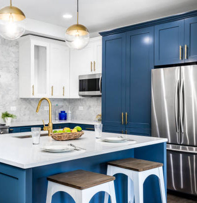 blue, white and silver modern kitchen